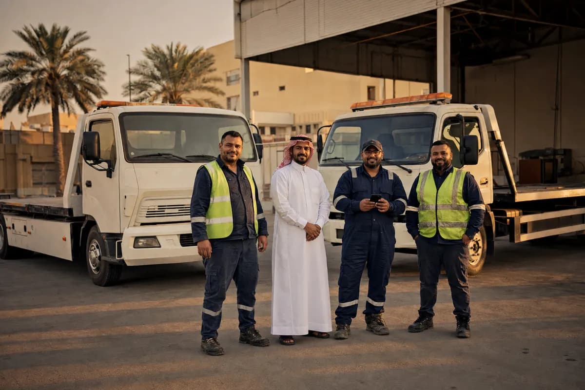 Riyadh Tow Services dispatch team and flatbed drivers at the Al Olaya base