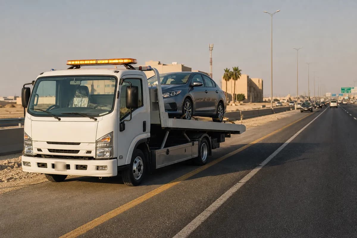 Tow truck recovering a car on Al Kharj Road, Riyadh (طريق الخرج)