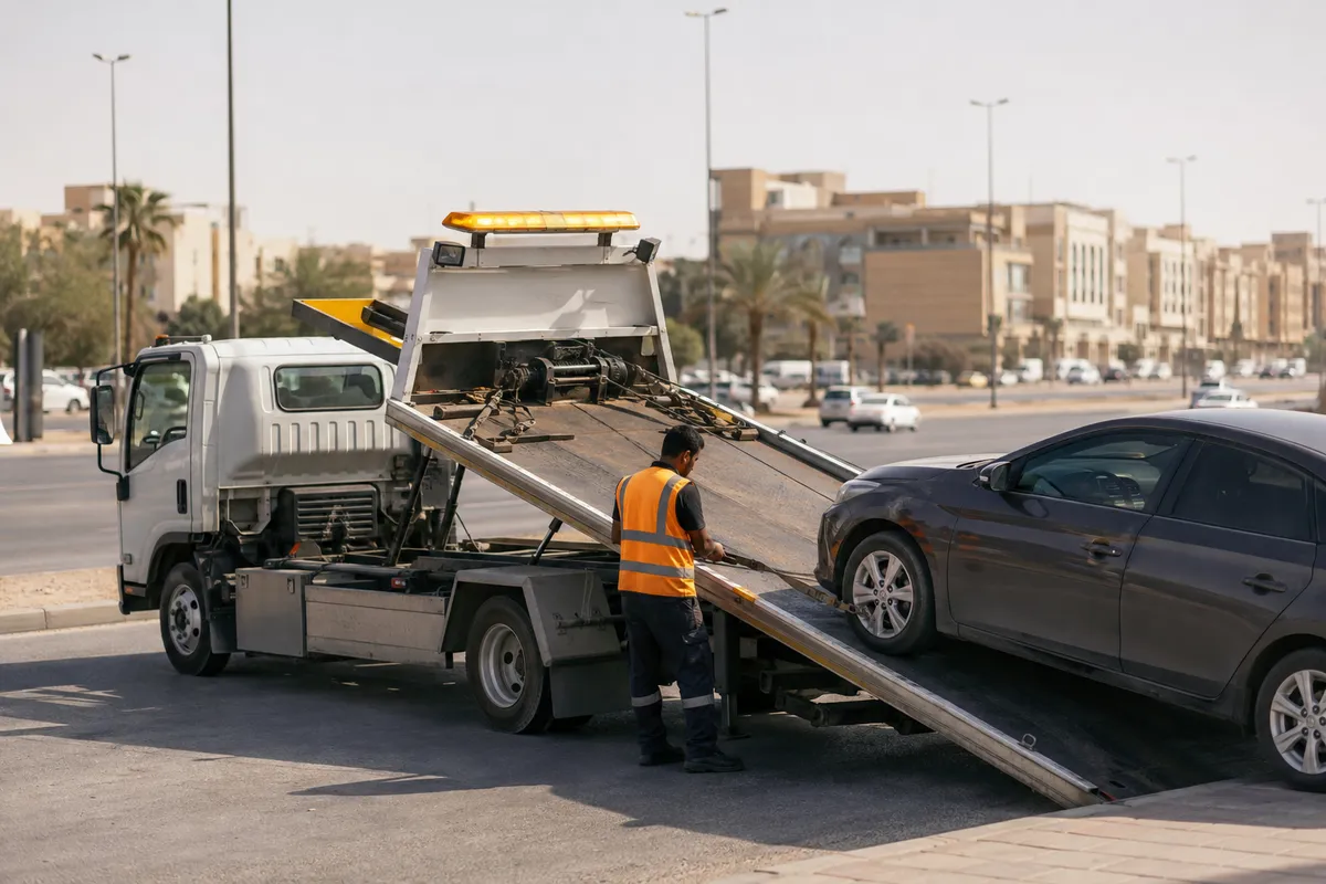 Flatbed tow truck in Al Qadisiyah, Riyadh (القادسية) near Al Qadisiyah Park