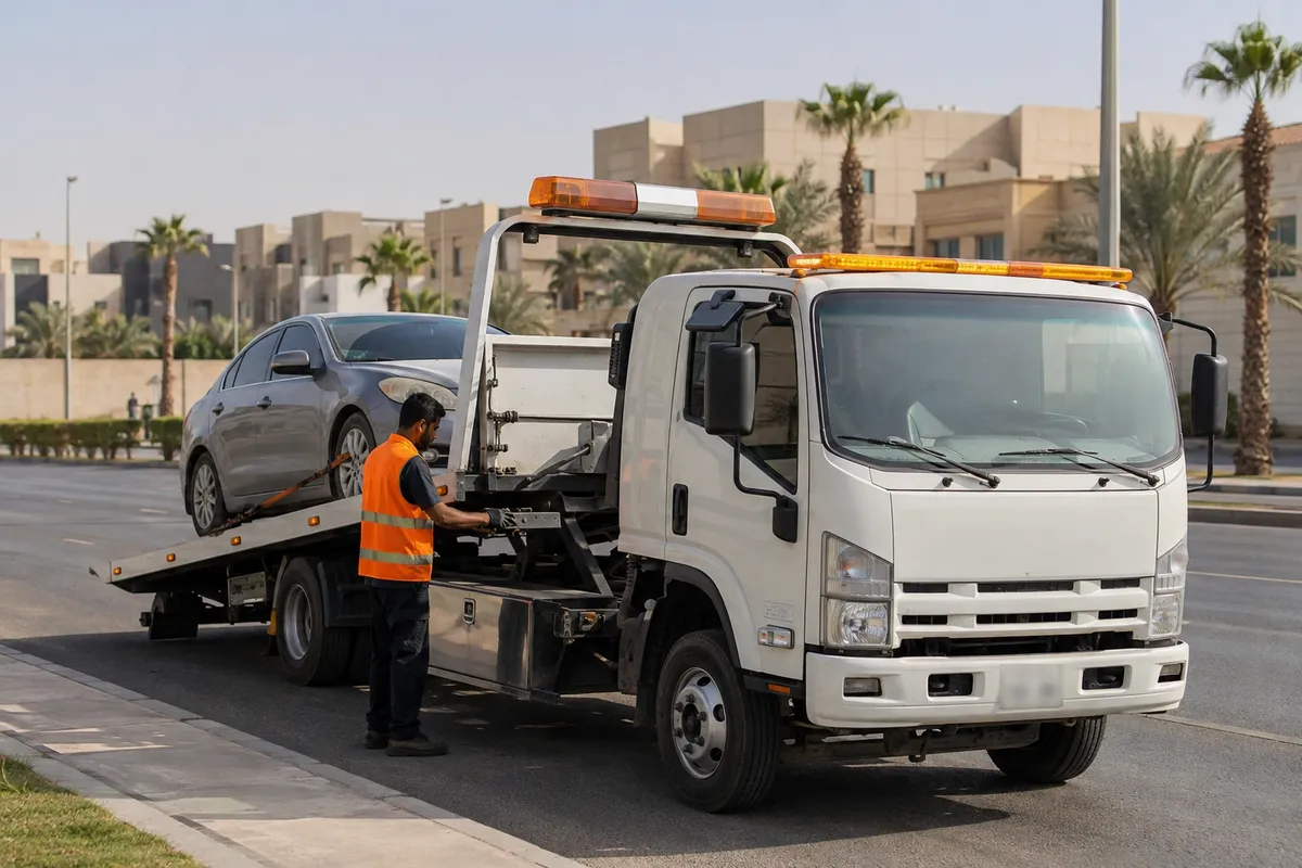 Flatbed tow truck in Al Sahafa, Riyadh (الصحافة) near Al Sahafa Park