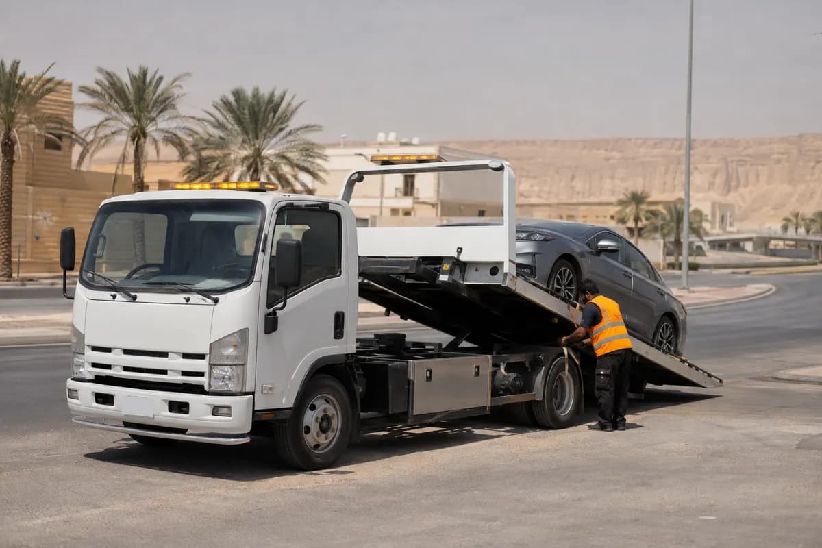 Flatbed tow truck in Dhahrat Laban, Riyadh (ظهرة لبن) near Laban Park