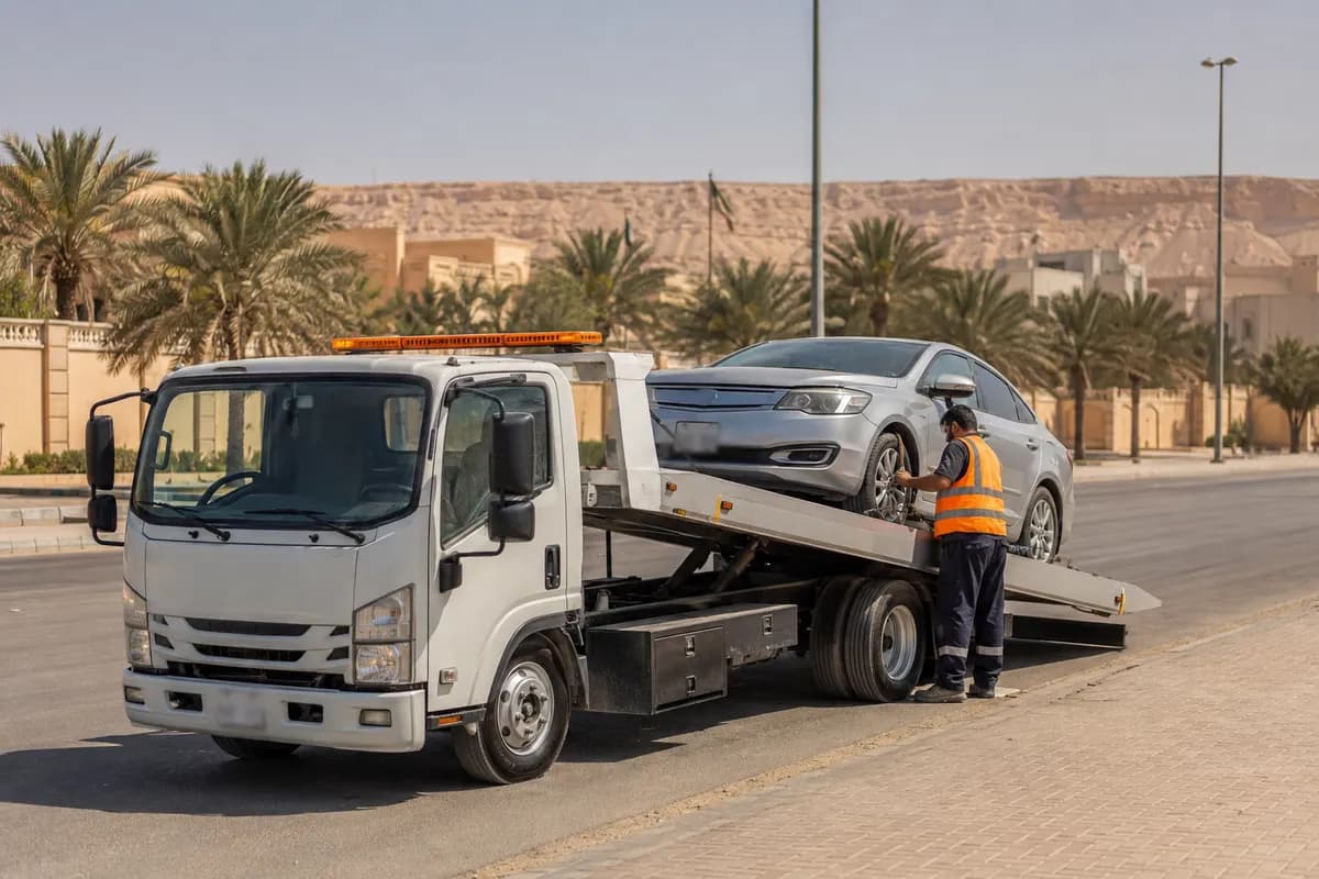 Flatbed tow truck in Diplomatic Quarter, Riyadh (حي السفارات) near Embassies