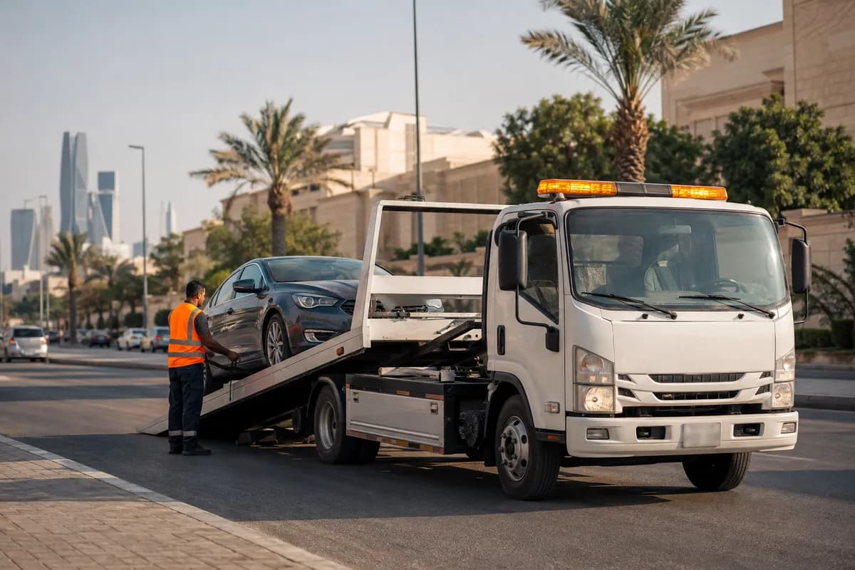 Flatbed tow truck in Hittin, Riyadh (حطين) near KAFD