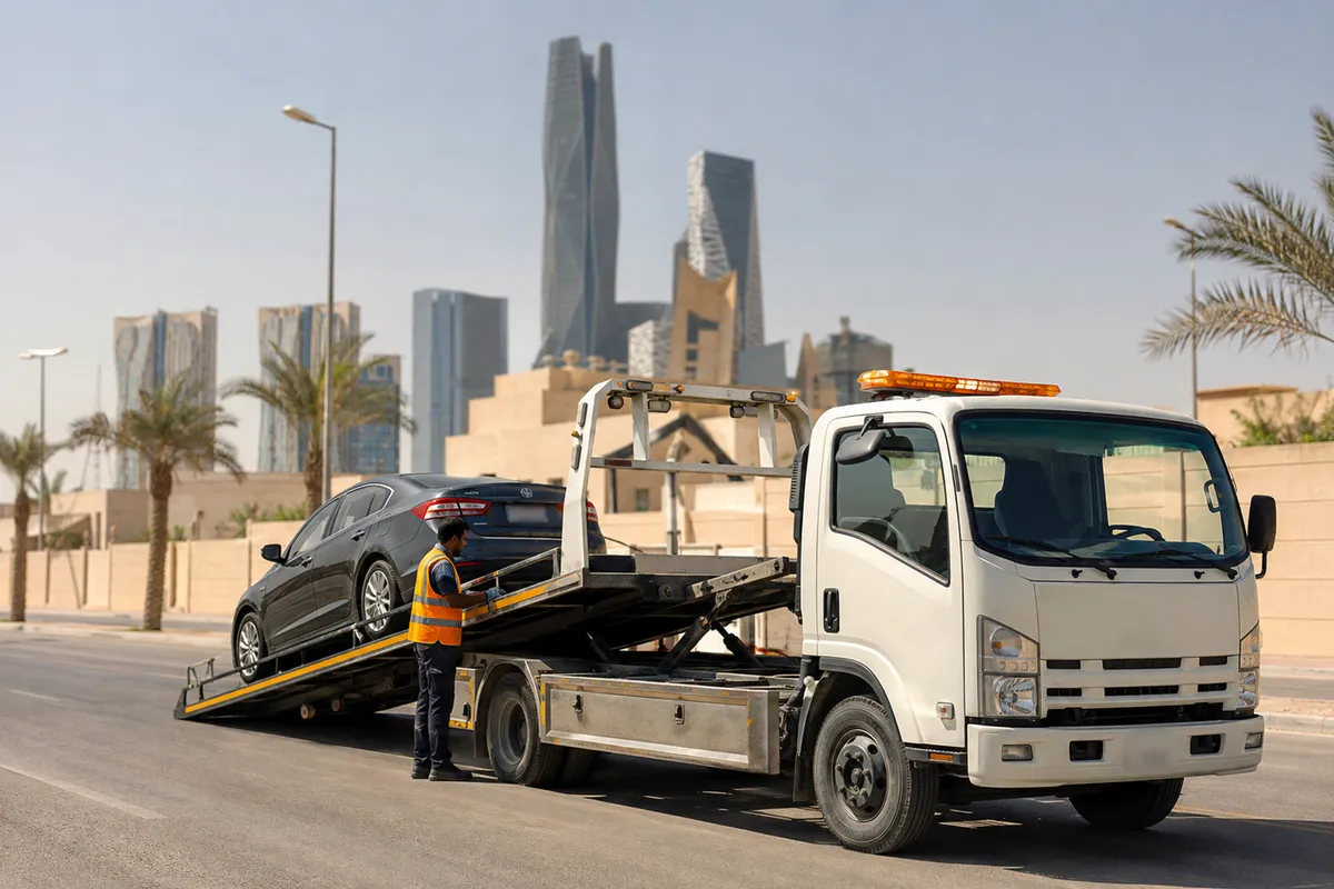 Flatbed tow truck in KAFD, Riyadh (مركز الملك عبدالله المالي) near KAFD towers