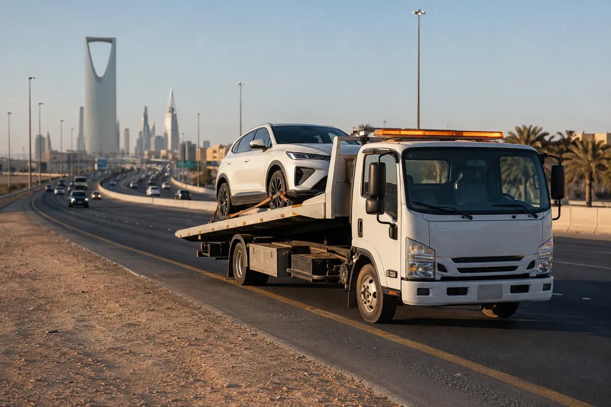 Tow truck recovering a car on King Fahd Road, Riyadh (طريق الملك فهد)