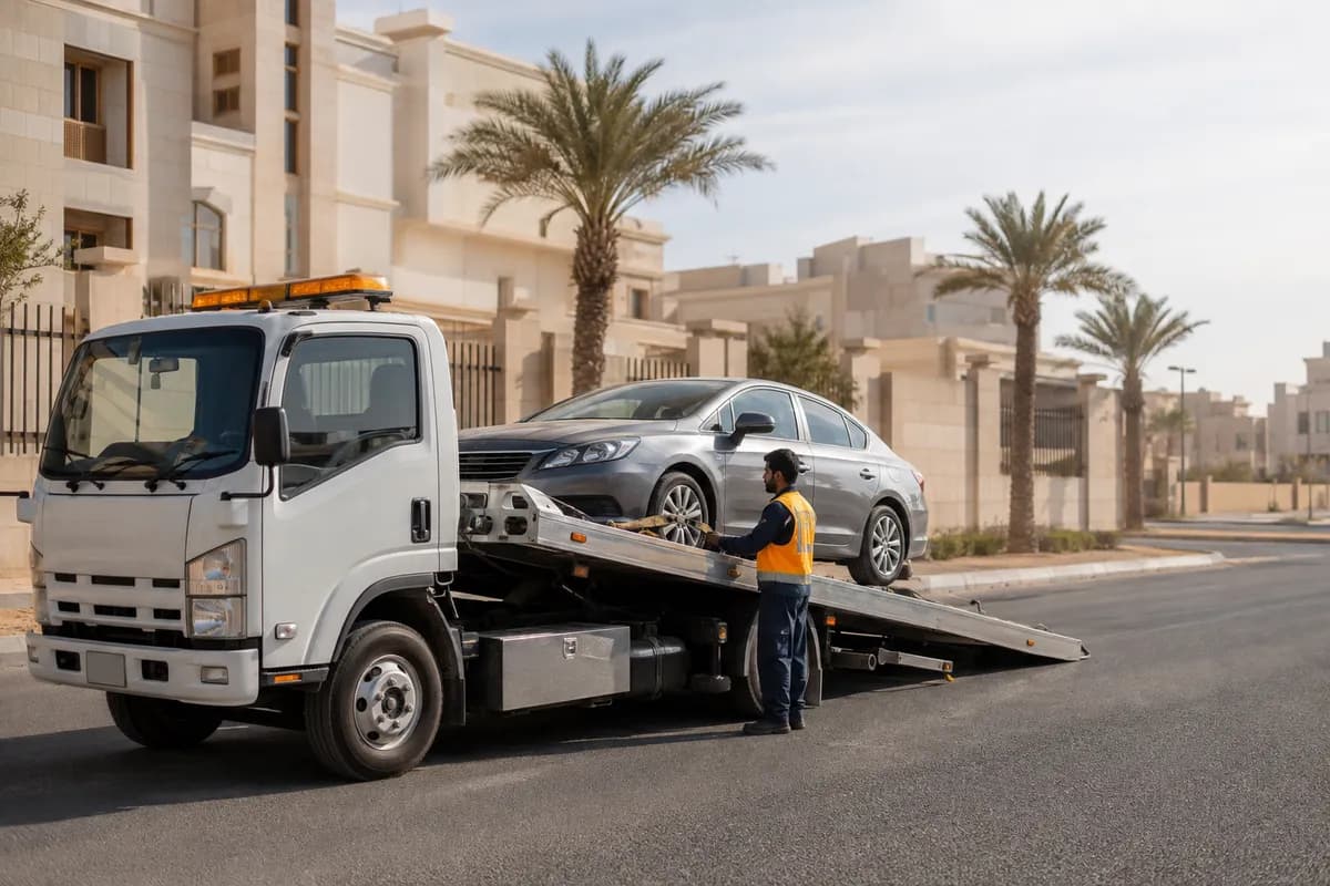 Flatbed tow truck in King Khalid International Airport, Riyadh (مطار الملك خالد الدولي) near Terminals 1–5