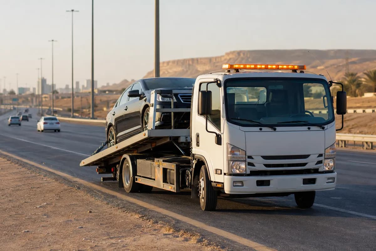 Tow truck recovering a car on Makkah Highway, Riyadh (طريق مكة)