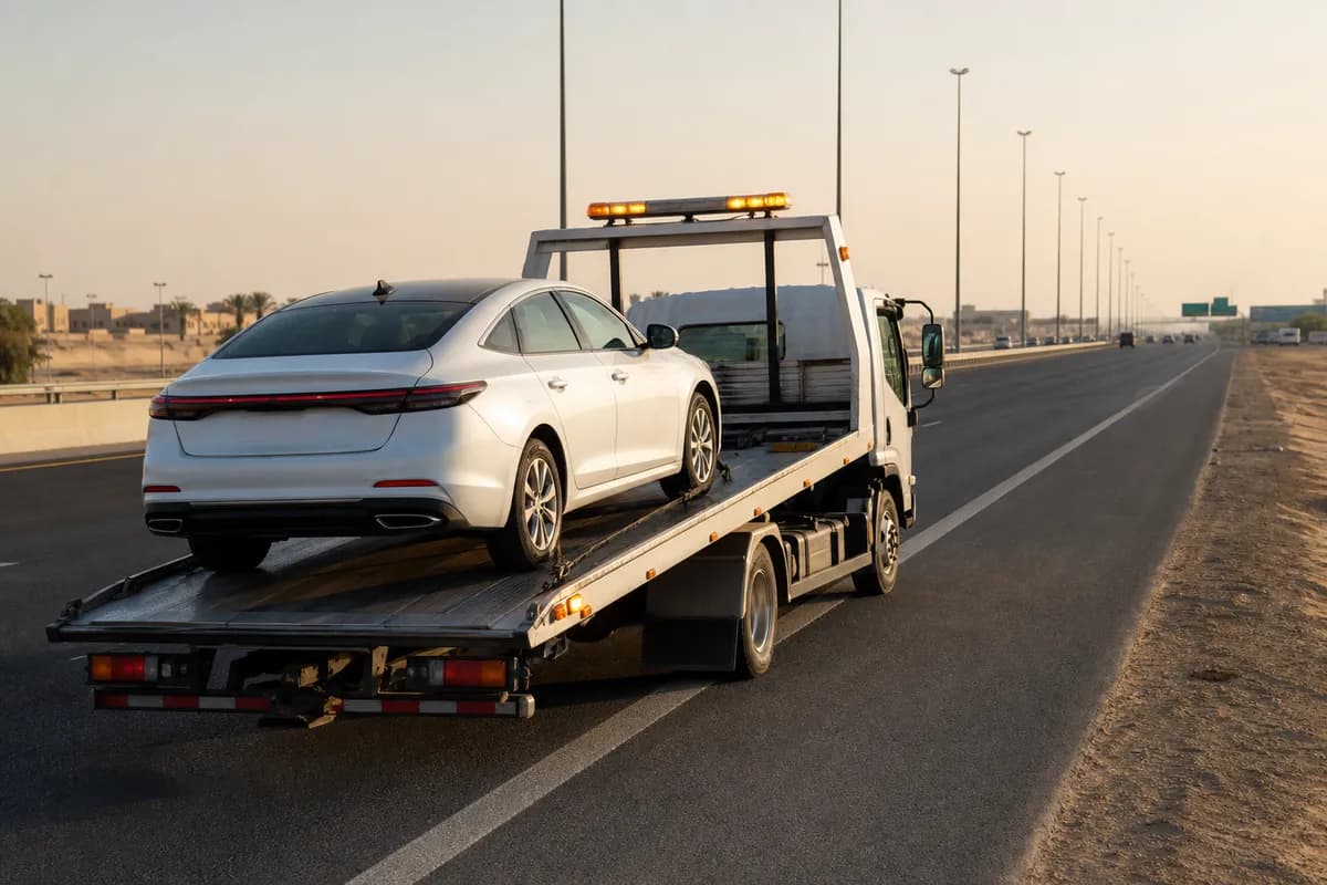 Tow truck recovering a car on Qassim Road, Riyadh (طريق القصيم)