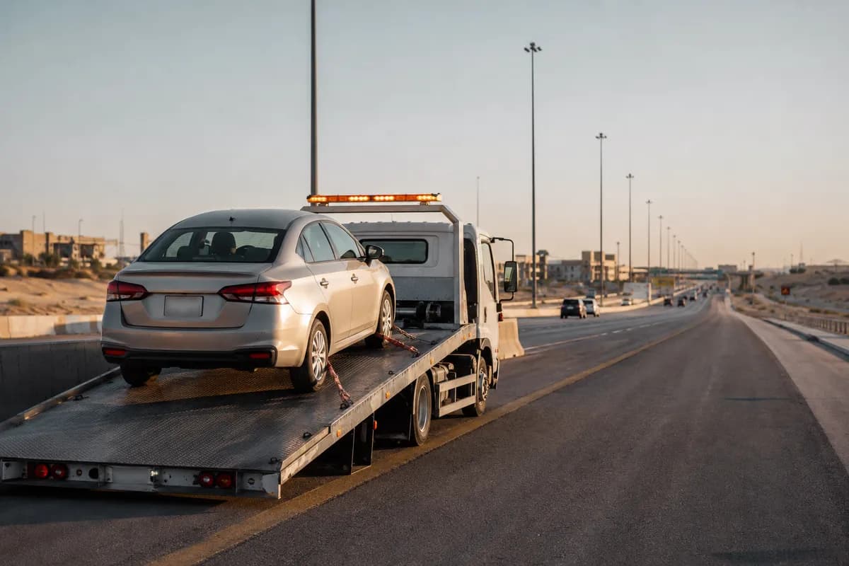 Tow truck recovering a car on Riyadh–Dammam Highway, Riyadh (طريق الرياض الدمام)