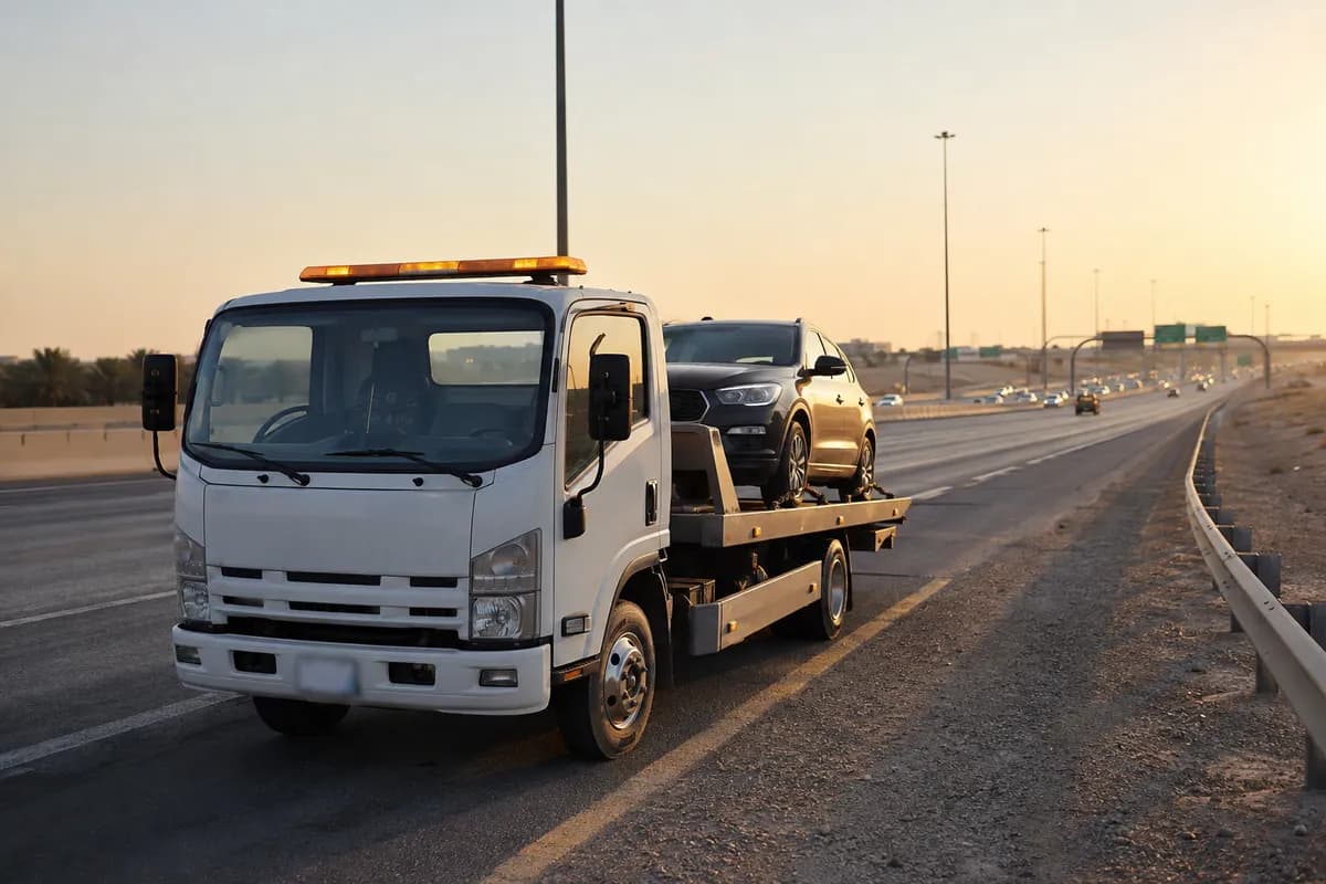 Tow truck recovering a car on Southern Ring Road, Riyadh (الدائري الجنوبي)