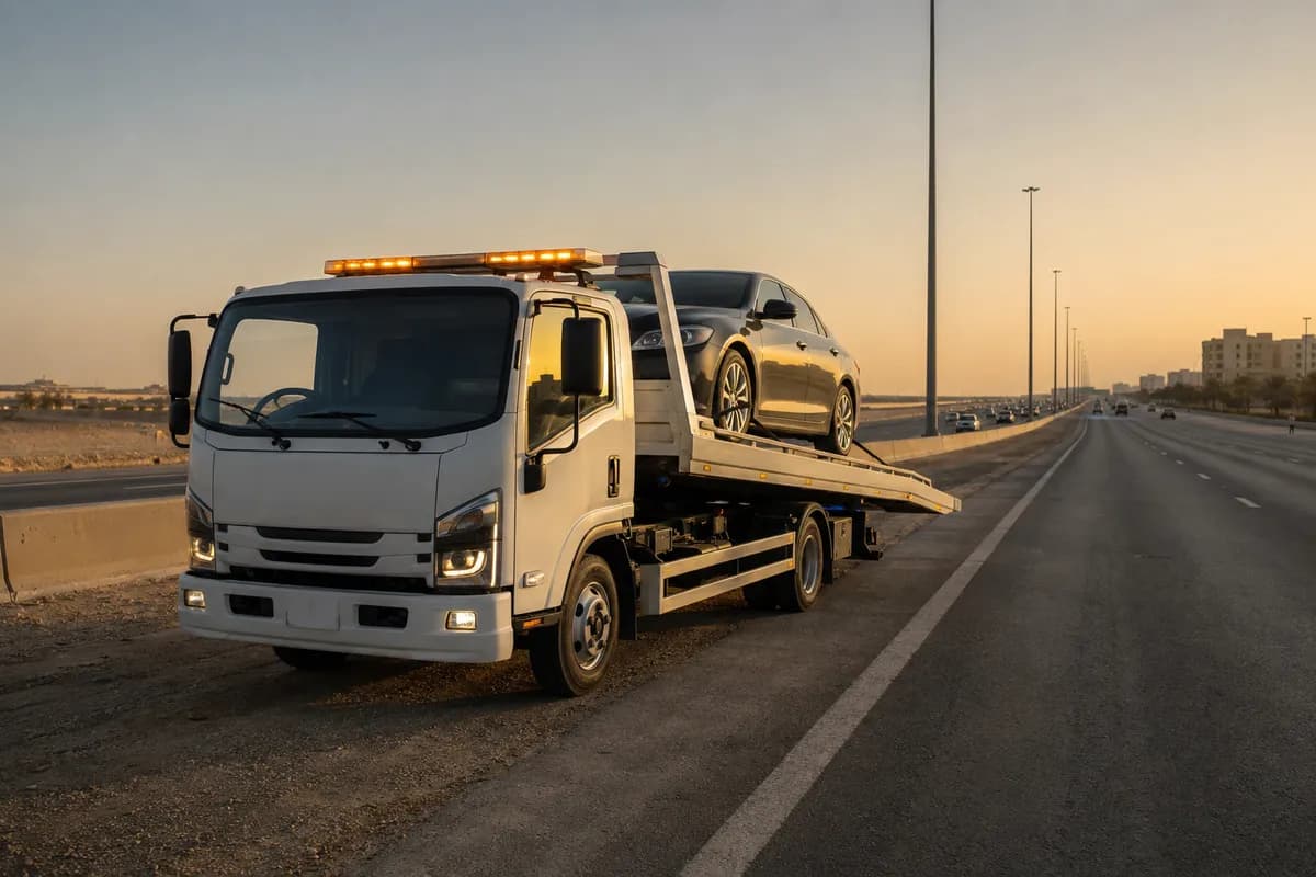 Tow truck recovering a car on Western Ring Road, Riyadh (الدائري الغربي)