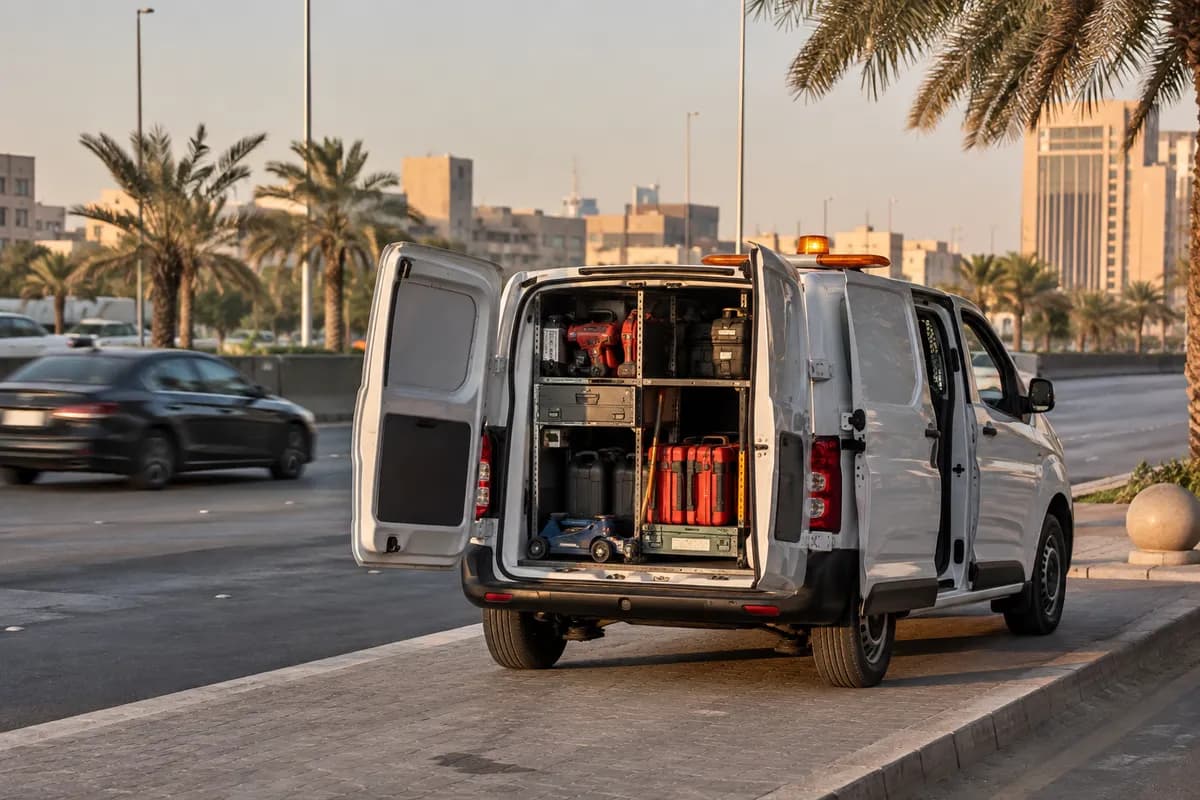 Roadside Service Van tow truck (سيارة خدمة الطريق) from the Riyadh Tow Services fleet