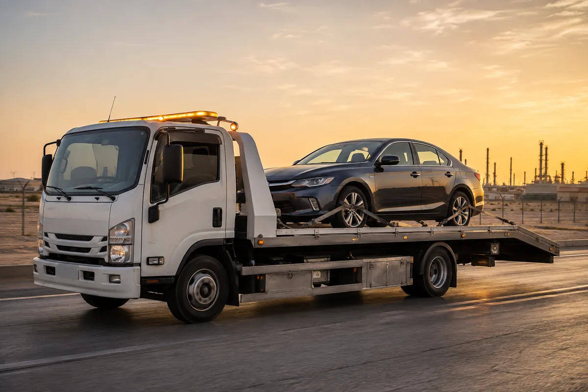 Flatbed car transport from Riyadh to Al Khobar (الخبر) on the Riyadh–Dammam Highway (Route 40)