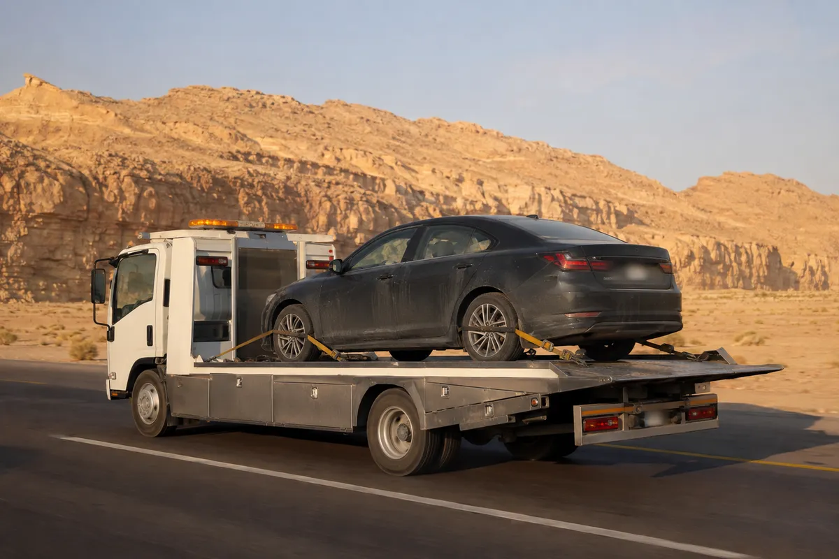 Flatbed car transport from Riyadh to Najran (نجران) on the Route 10 south via Wadi Al Dawasir