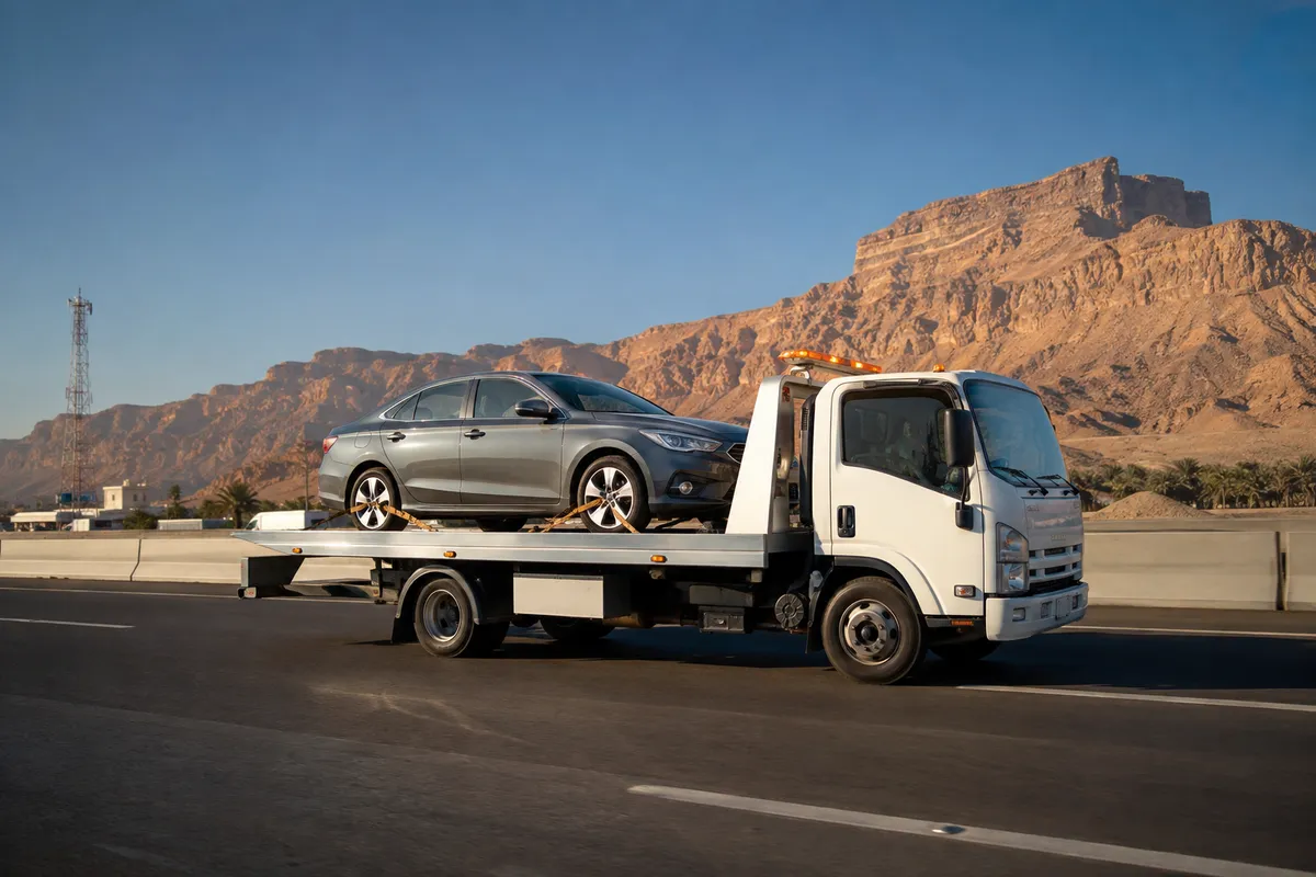 Flatbed car transport from Riyadh to Tabuk (تبوك) on the Route 65 then Route 15 north via Hail